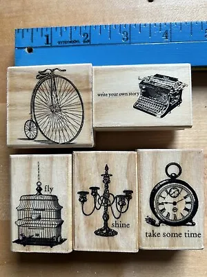 5 Piece Rubbers Stamps Wooden Mounted Clock Time Steampunk Themed Rustic • $11