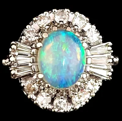 Vintage Jelly Opal Diamonds 14k White Gold Cocktail Ring Statement Estate Gift • $1297