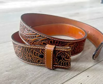 Tooled Brown Leather Snap Belt Strap - 100% Full Grain Western Style Cow Hide R • $34