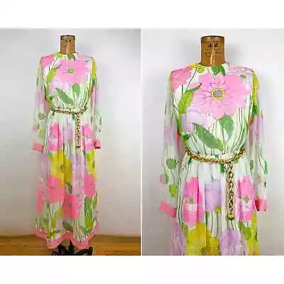 60s 70s Jack Bryan Neon Floral Chiffon Maxi Dress Vintage Party Long Sleeve Lg • $132