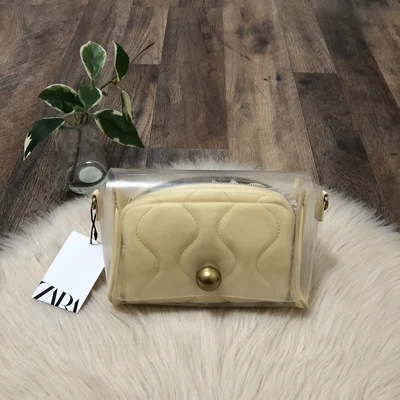 $25 • Buy Zara Yellow Quilted Faux Leather Vinyl Transparent Bag Purse NWT
