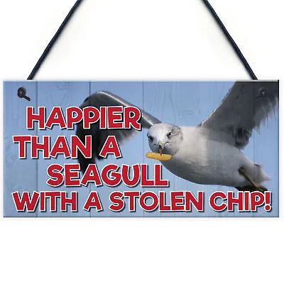Happier Seagull Funny Nautical Seaside Theme Gift Hanging Plaque Bathroom Sign • £3.99