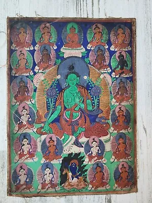 Mongolian Tibetan Antique Thanka Thangka Painting 21 TARAS Green Tara 19th C. • $275