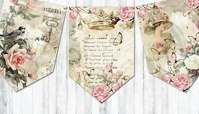 Vintage Style Shabby Chic Pink Rose Floral Bunting/Banner Decoration & Ribbon  • £6.99