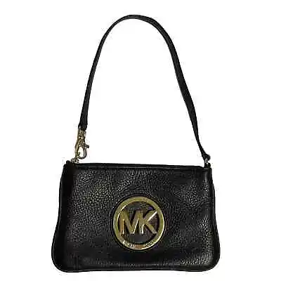 Michael Kors Fulton Pebbled Leather Wristlet Womens Black Gold Circle Logo  • $44.95