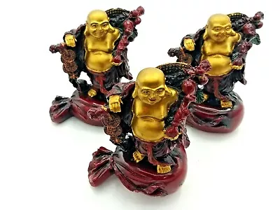 3 Gilded & Red Lacquer Chinese Happy Laughing Buddha Figures 3.5  High • £11.99