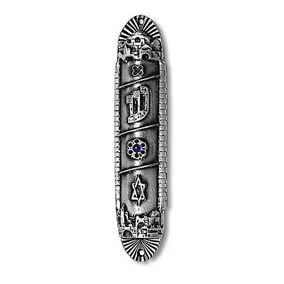 Metal Gray Silver-Tone Star David Blue CZ Mezuzah Case 5.5  - Made In Israel • $19.99