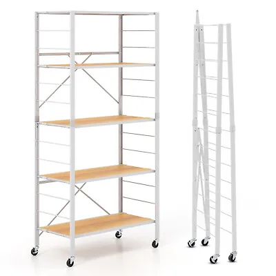 5-Tier Portable Storage Rack Shelves Foldable Shelving Unit W/Detachable Wheels • £54.95