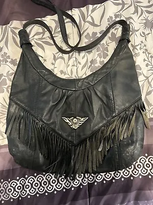 Vintage Black Soft Leather Purse W/fringe & Motorcycle Motor Flames Emblem • $11.99