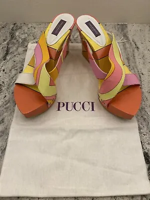 ASO Jessica Simpson Emilio Pucci Wedge Slide Sandal Pink Orange Yellow Size 39 • £144.77