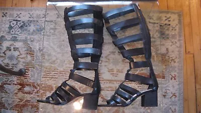 Vince Camuto Black Leather Knee High Gladiator Heeled Sandals 7M 37 NWOT • $50