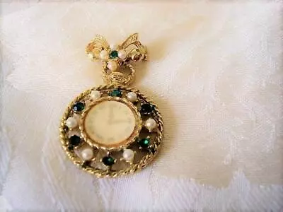 Vintage Pin Brooch With Faux Pocket Watch Clock Dangle Pearls Green Rhinestones • $7.99