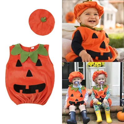 Newborn Baby Girl Boy Pumpkin Costume Romper Dress Hat Halloween Outfit • £11.78