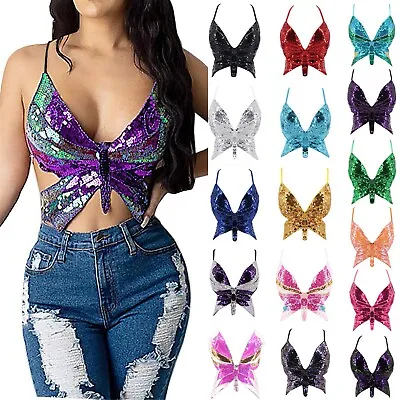 £11.99 • Buy Womens Glitter Sequin Butterfly Crop Top Low-Cut Tank Top Belly Dance Vest Top