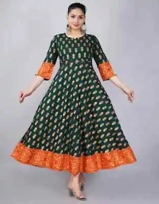 Indian Women Green & Orange Printed Long Anarkali Flared Dress Pakistani New • $26.99