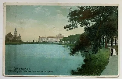 1914 NJ Postcard Spring Lake Walk Along The Lake New Monmouth Hotel In Distance • $6.99