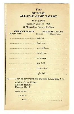 1955 Rare Mlb Baseball All-star Game Fan Ballot@milwaukee Braves County Stadium • $19.98