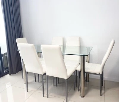 $200 • Buy 7 Piece Dining Table Set (Glass Table & 6 White Leather Seats)