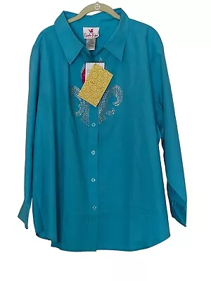 Quacker Factory  ~ Fleur De Lis Rhinestone Shirt Blue ~ Size 3X~ NWT • $16.99