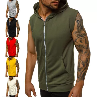 Mens Sleeveless Sweatshirt Hooded Casual Tank Top Plain Bodybuilding Muscle Vest • £9.99