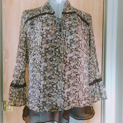 $25 • Buy EUC Edward Women's Silk Shell Large Long Sleeve Bell Shaped Lace Trim Tie Front