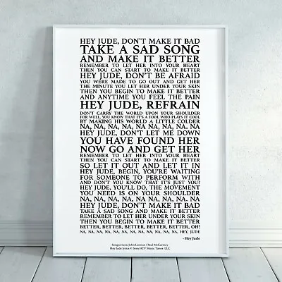 £7.99 • Buy Hey Jude The Beatles Lyrics Song Print Poster (Unframed) Wall Art  Gift