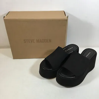 Madden Girl Staci Womens Black Wedge Heeled Slip On Slide Sandals Size 6.5 • $39.99