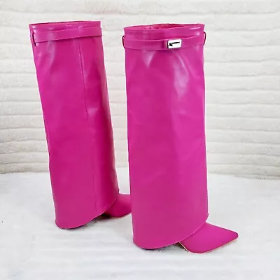 $69.95 • Buy Paris Fuchsia Pink Skirted Fold Over 3.5  Block Heel Knee High Boots