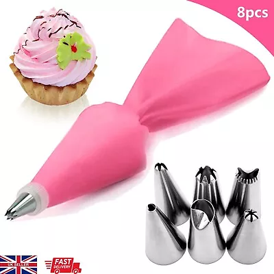 8Pc SET Icing Piping Cream Pastry Bag With Steel Nozzles Cake Decorating Too Kit • £2.95