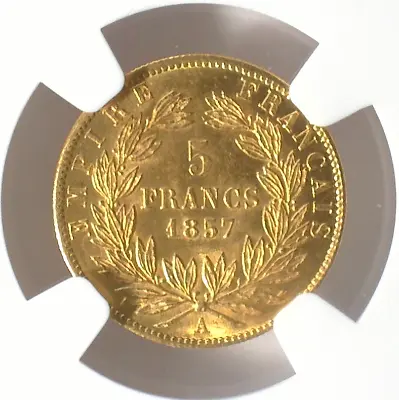 France Napoleon Iii Bare Head 1857a Gold 5 Francs Ngc Ms 64 (km#787.1) Scarce • $450