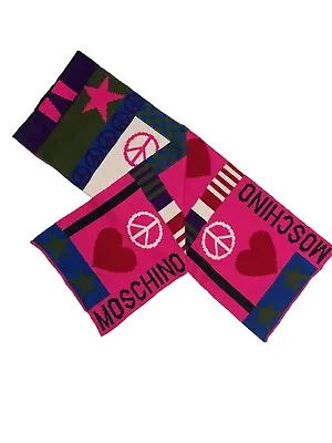 Moschino Merino Wool Blend Scarf 64”x11” Made In Italy Bright Peace & Love Stars • $69.99