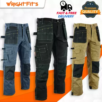 Men Pro Builder Work Trousers Black & Grey Heavy Duty Safety Combat Cargo Pants. • £23.99