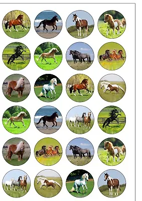 24 PRECUT Round Horse & Ponies Pony Themed Edible Wafer Paper Cupcake Toppers • £2.49