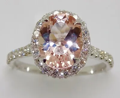 14k WHITE GOLD HALO DIAMONDS & OVAL MORGANITE ENGAGEMENT ANNIVERSARY RING #1760 • $1050