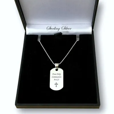 Engraved Dog Tag Necklace Boys First Holy Communion Gift Sterling Silver 925 • £24.99