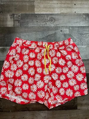 J Crew Mens Red Daisy Floral Swim Trunks Flex Swimwear Large Swim Trunks Lined • $16.96