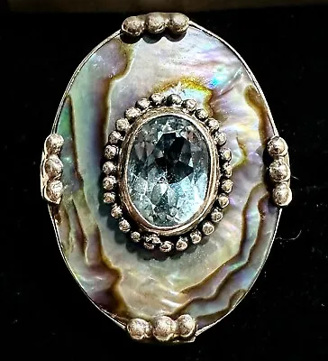 Sterling Silver Aquamarine Abalone Shell Ring Size 7 - 7.7 Grams * • $85