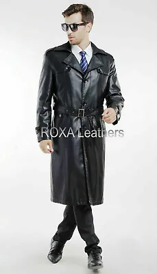 Handsome Men New Waist Belted Genuine NAPA Natural Leather Long Trench Coat • $197.11