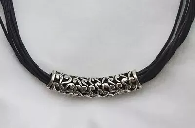 Silvertone And Black Multistrand Cord Necklace Tibetan Filagree Tube Bead Choker • $14.99