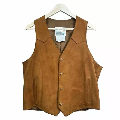 Pioneer Wear Suede Leather Vest Men 44 Large Brown Western Rancher Vintage USA • £39.99