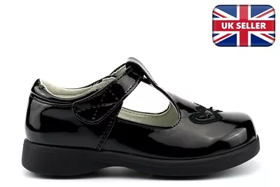 Girls T-Bar School Shoes Girls School Shoes Touch Fasten Shiny Patent Black Size • £14.50