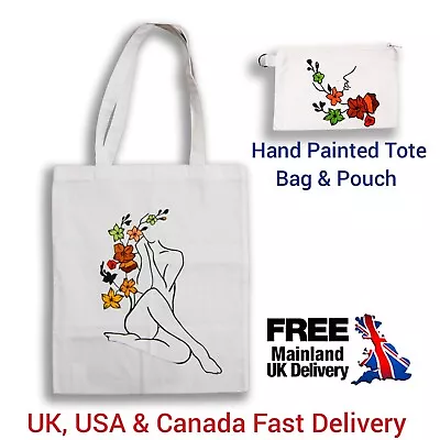 Hand Painted Tote Cotton Bag Ladies Flower Design Shoulder Bag & Cosmetic Pouch • £11.99