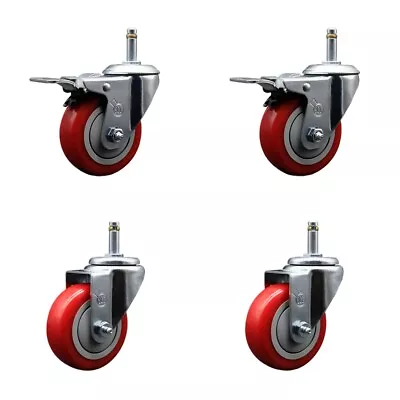 3.5 Inch Red Poly Wheel Swivel 7/16 Inch Stem Caster Set 2 Total Lock Brake • $88.04
