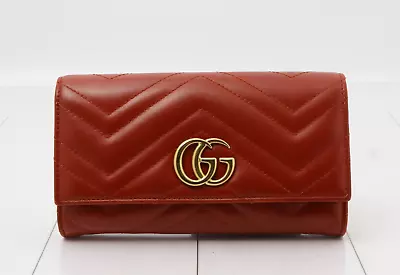 Gucci Calfskin Matelasse GG Red And Gold Marmont Continental Long Wallet • $340