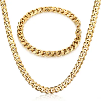7MM Necklace Bracelet SET Stainless Steel Chain Gold Plated Cuban Link For MEN • $14.99