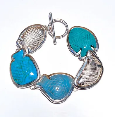 Amy Kahn Russell AKR 925 Sterling Fish Bracelet With Carved Turquoise Gemstones • $332.15