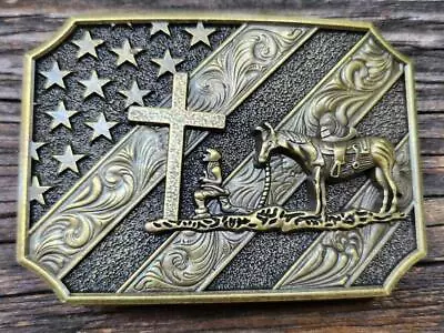 New 3-d Cross Horse Cowboy Pray Christian Usa Patriotic Flag Western Belt Buckle • $12.99