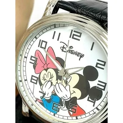 Disney Men's Watch Mickey Minnie Mouse Quartz 43mm Silver Black Leather Band • $29.69