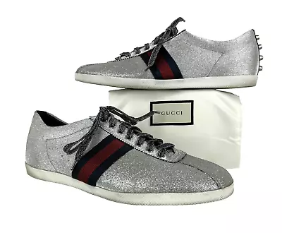 Gucci Auth Men 12.5 US 12 UK 46 EU Silver Metallic Glitter Web Sneakers Shoes • $217