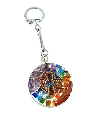 Orgone Chakra Gemstone Orgonite Schorl EMF Protective Copper Swirl Coil Keyring • £4.20